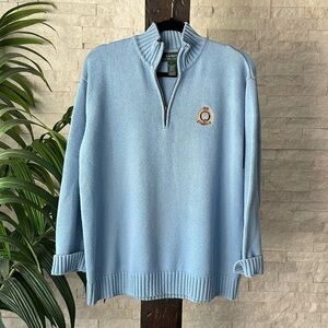 Ralph Lauren Vintage Quarter Zip Blue Knit Cotton Crest Logo Sweater Size Large